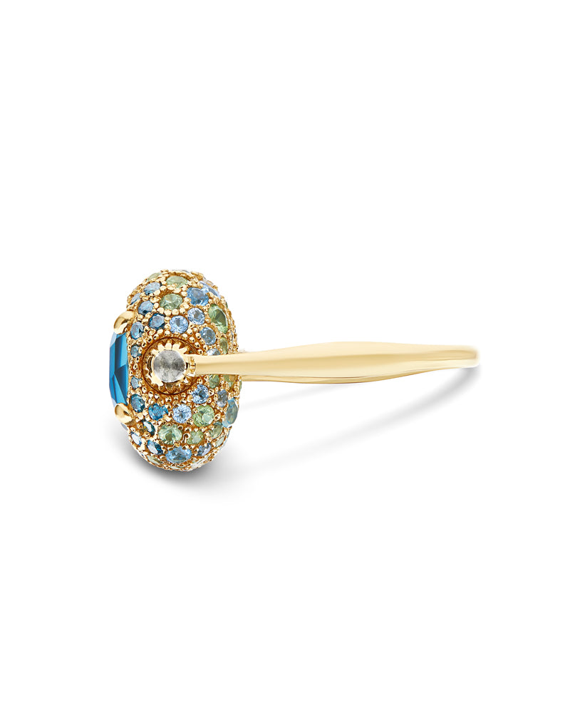 Anello "DANCING REVERSE" double face in in oro, diamanti blu, topazio azzurro swiss, zaffiri verdi e topazio London blu (medio)