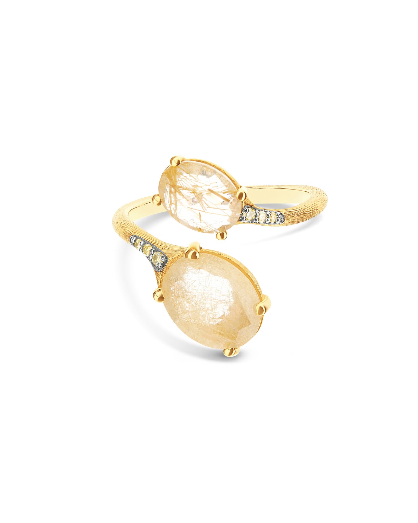 Anello contrariè "IPANEMA" in oro, quarzo rutilato giallo e dettagli di diamanti (piccolo)
