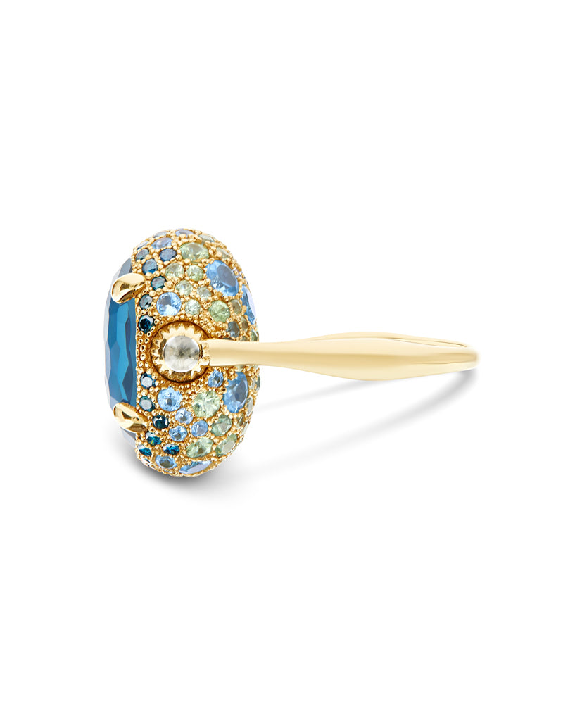 Anello "DANCING REVERSE" double face in in oro, diamanti blu, topazio azzurro swiss, zaffiri verdi e topazio London blu (grande)