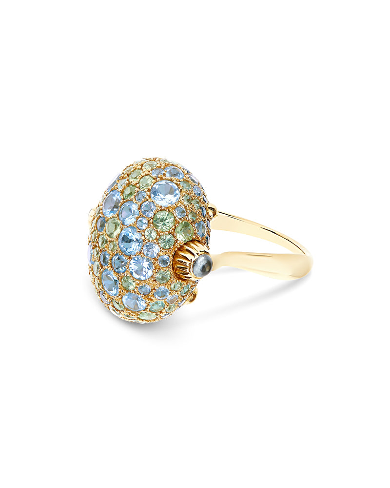 "reverse" gold, blue diamonds, swiss blue topaz, green sapphires and london blue topaz double-face ring (large)