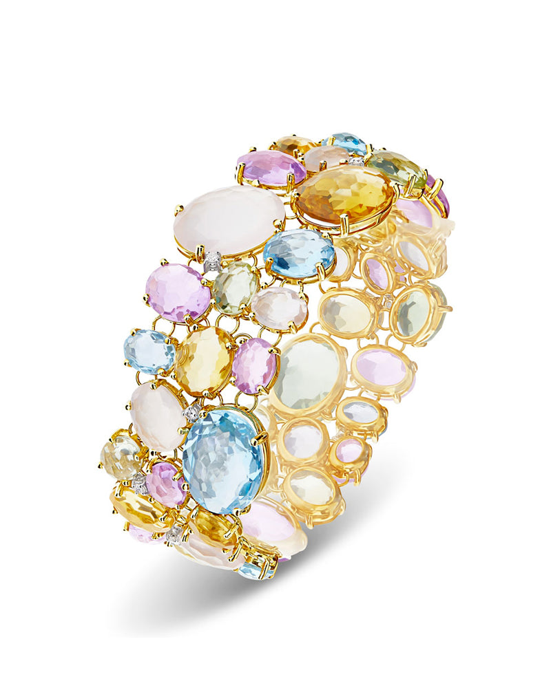 "ipanema" gold, amethyst, blue topaz. quarz and diamonds cuff bracelet
