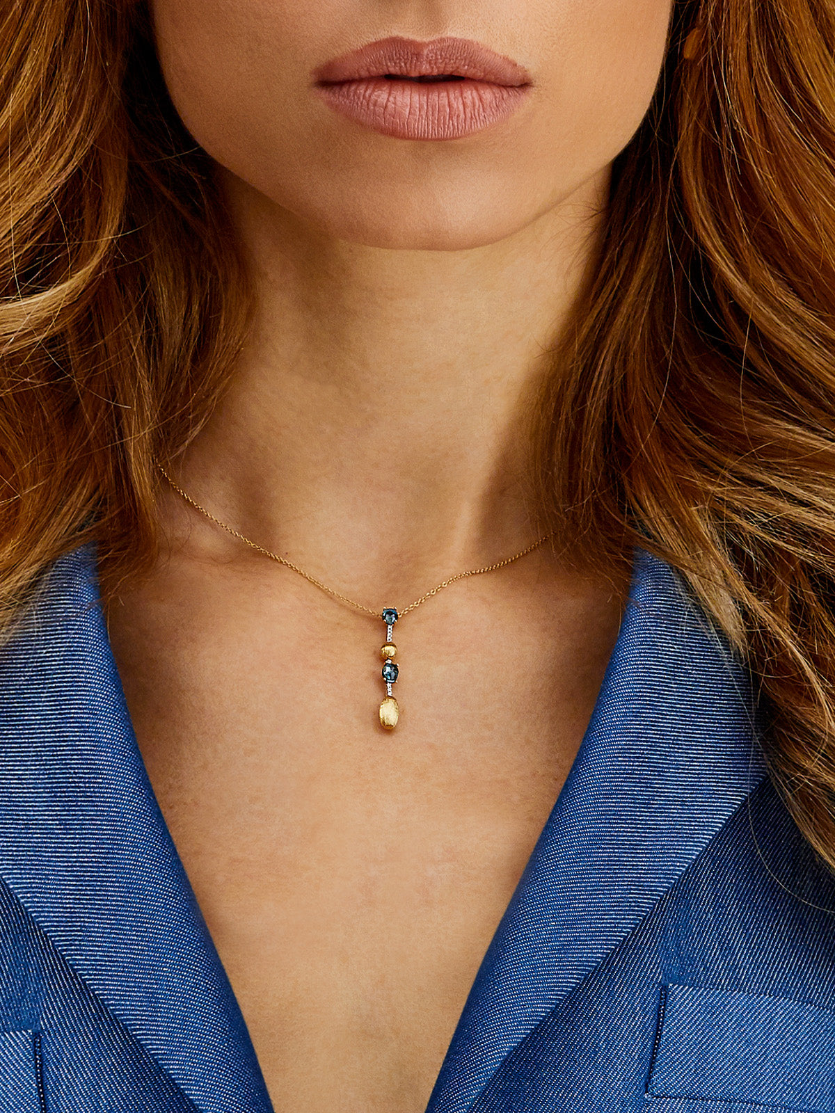 "azure" gold, diamonds bars and london blue topaz dainty long necklace