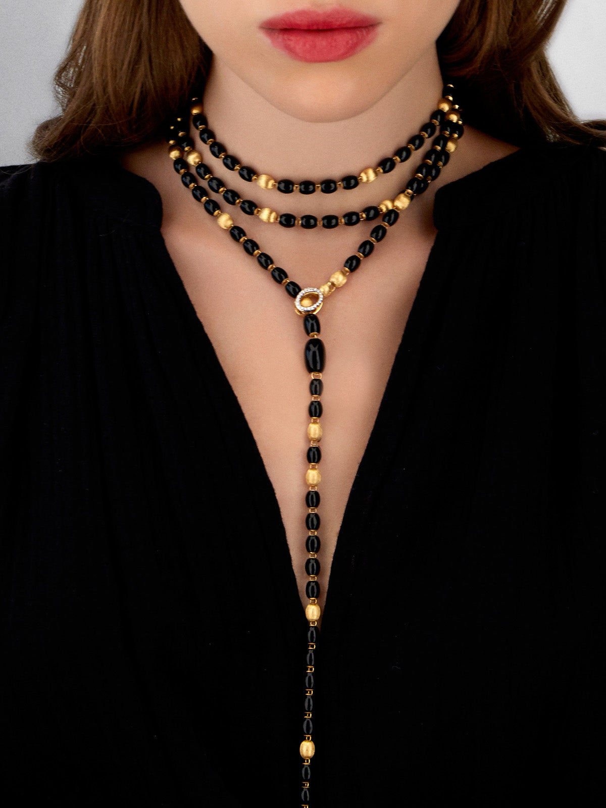ivy "mystery black" gold, diamonds and black onyx statement convertible necklace