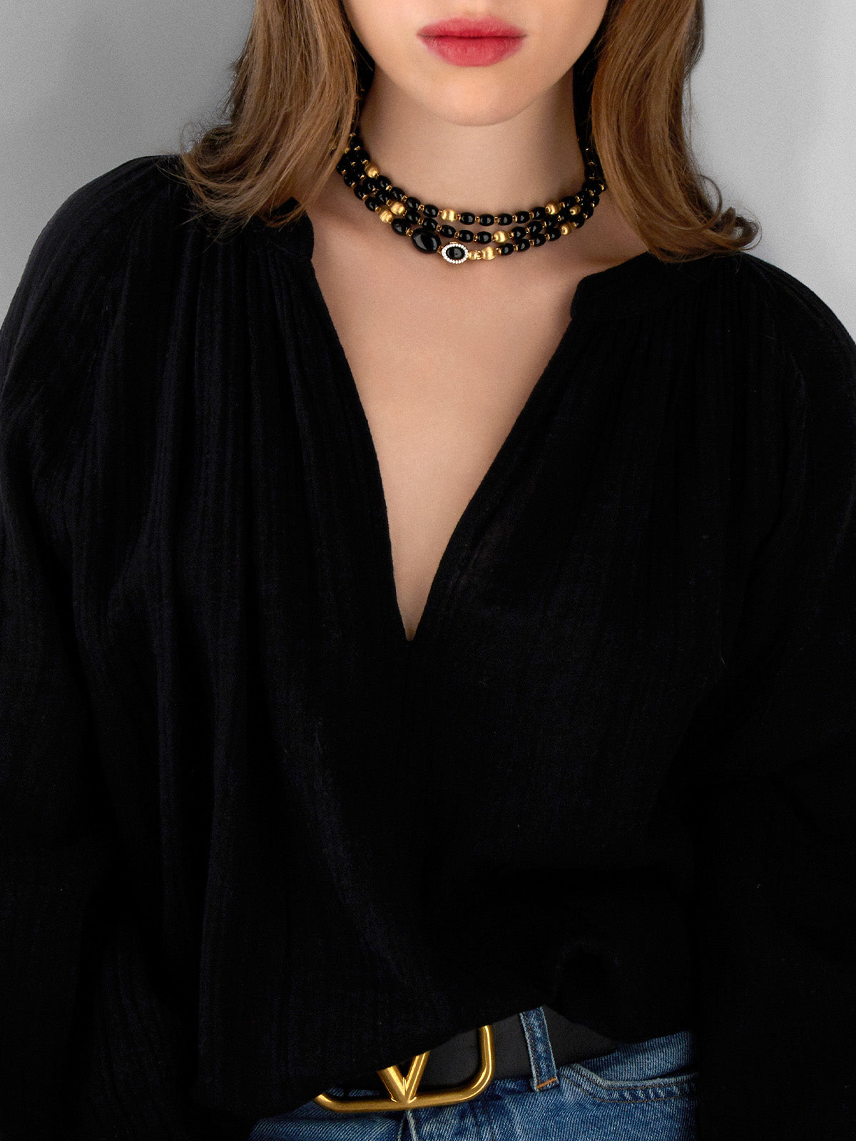 ivy "mystery black" gold, diamonds and black onyx statement convertible necklace