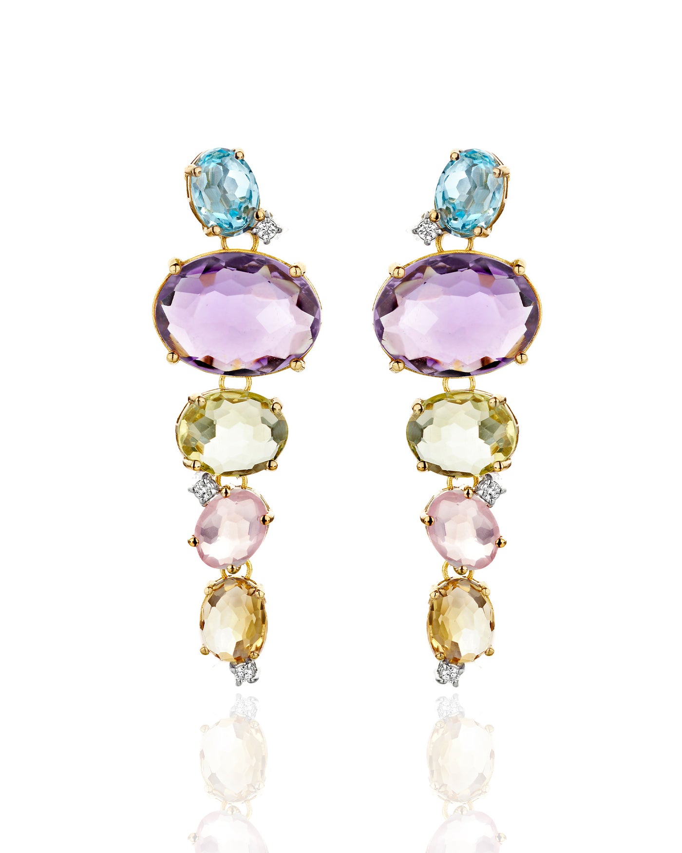 "ipanema" gold, amethyst, blue topaz, quartz and diamonds drop earrings