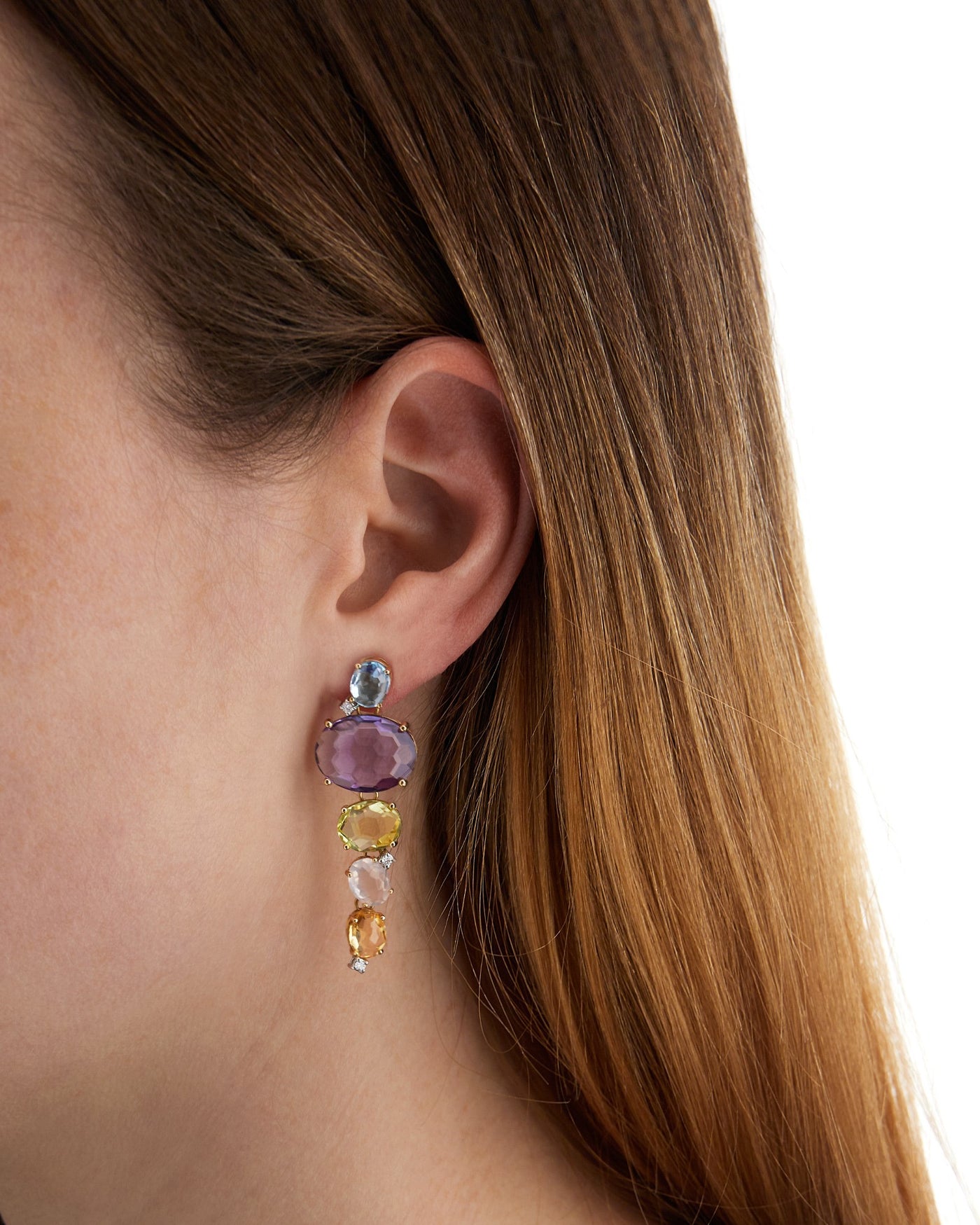 "ipanema" gold, amethyst, blue topaz, quartz and diamonds drop earrings