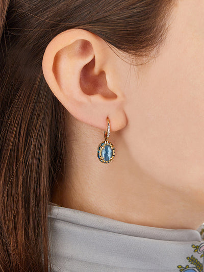 Orecchino CILIEGINA "DANCING REVERSE" double face in oro, diamanti blu, topazio azzurro swiss, zaffiri verdi e topazio London blu (piccolo)