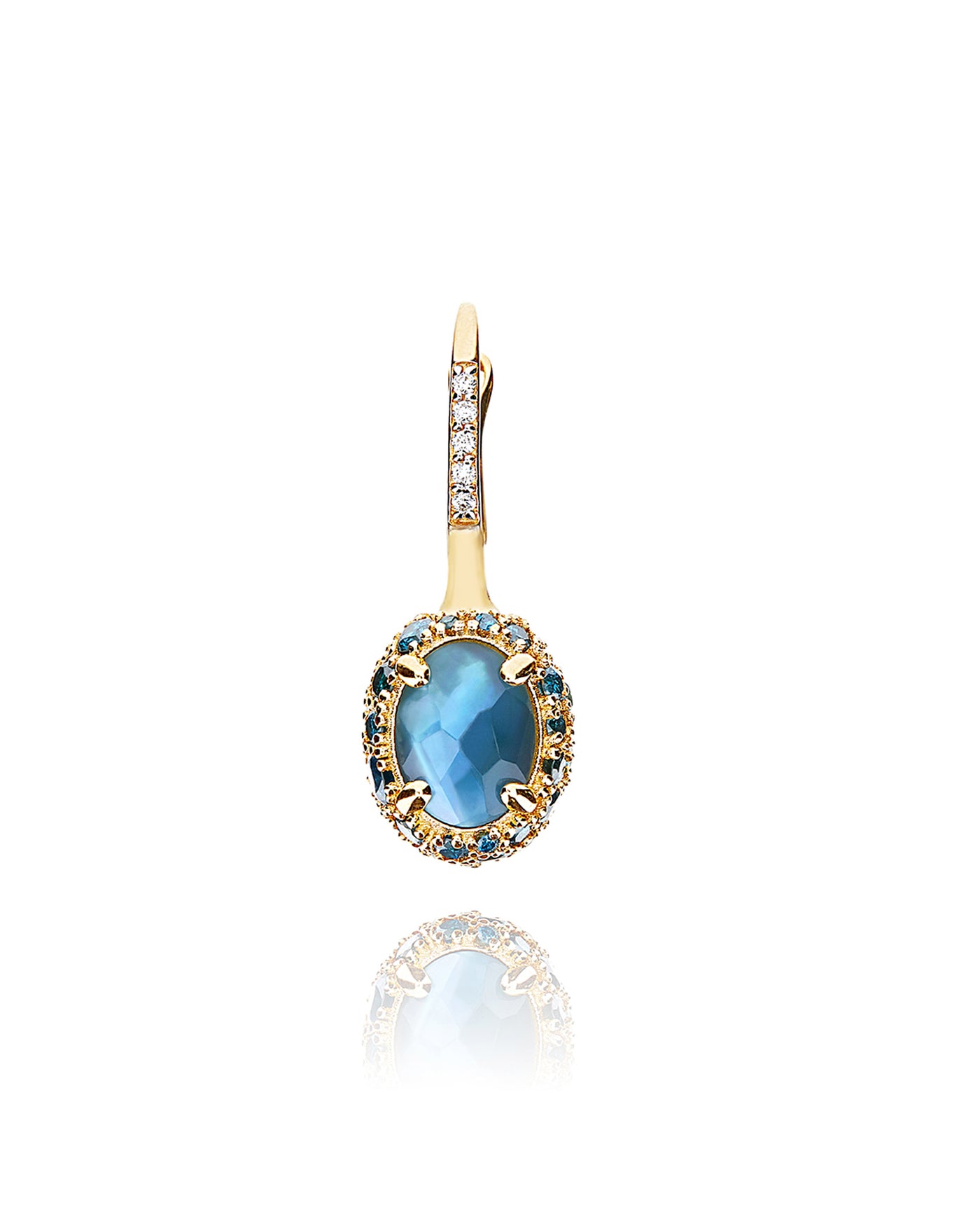 Orecchino CILIEGINA "DANCING REVERSE" double face in oro, diamanti blu, topazio azzurro swiss, zaffiri verdi e topazio London blu (piccolo)