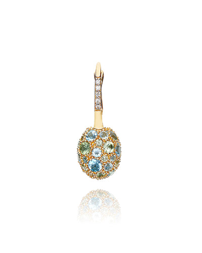Orecchino CILIEGINA "DANCING REVERSE" double face in oro, diamanti blu, topazio azzurro swiss, zaffiri verdi e topazio London blu (piccolo)