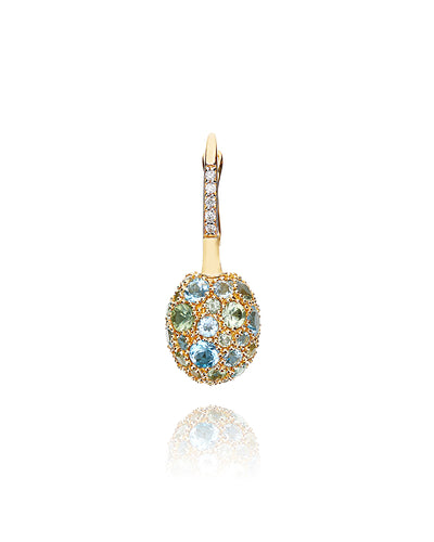 "reverse" ciliegina gold, blue diamonds, swiss blue topaz, green sapphires and london blue topaz double-face ball drop earring (small)