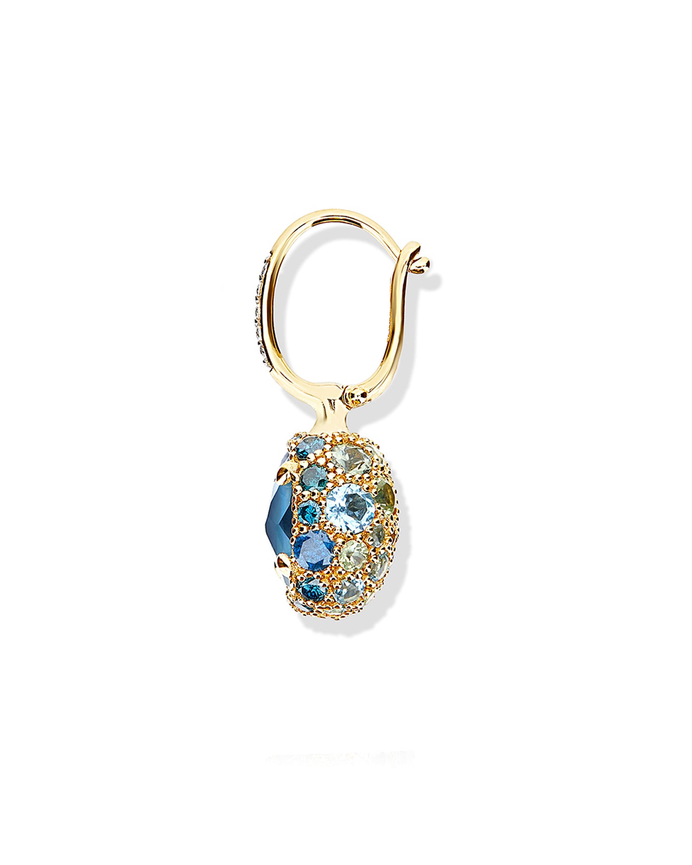 Orecchino CILIEGINA "DANCING REVERSE" double face in oro, diamanti blu, topazio azzurro swiss, zaffiri verdi e topazio London blu (piccolo)