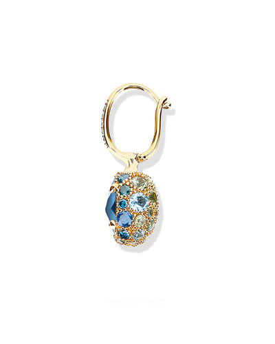 Orecchino CILIEGINA "DANCING REVERSE" double face in oro, diamanti blu, topazio azzurro swiss, zaffiri verdi e topazio London blu (piccolo)