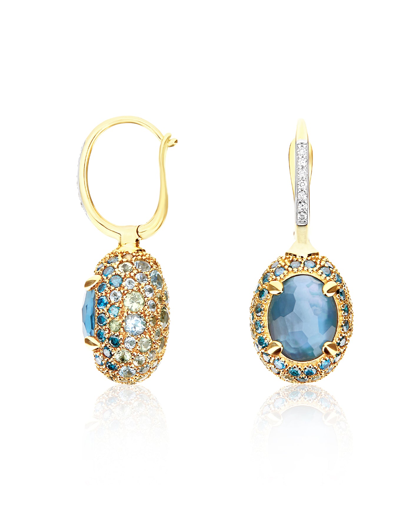 "reverse" ciliegine gold, blue diamonds, swiss blue topaz, green sapphires and london blue topaz double-face ball drop earrings (medium)